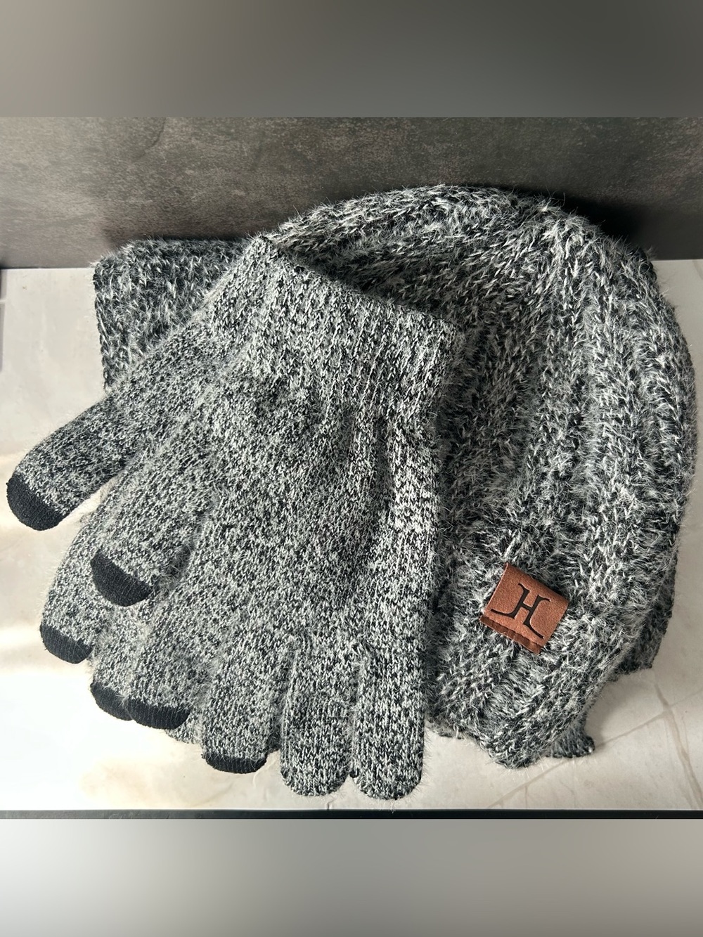 Gray Knit Beanie Scarf and Touchscreen Gloves Set